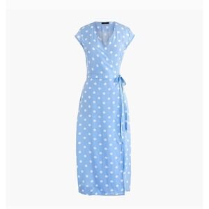 J.Crew Womens Blue Polka Dot Viscose Midi Wrap Dress Cap Sleeve Size L